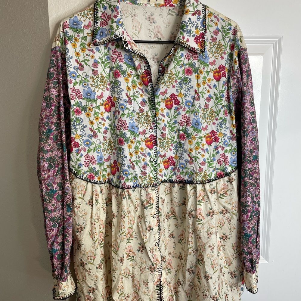 Vintage Inspired Oversized S Mixed Floral Patchwork Prairie Mini Dress - Picture 9 of 9